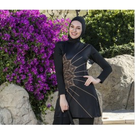 Maillot de bain hijab noir imprimé arabesque