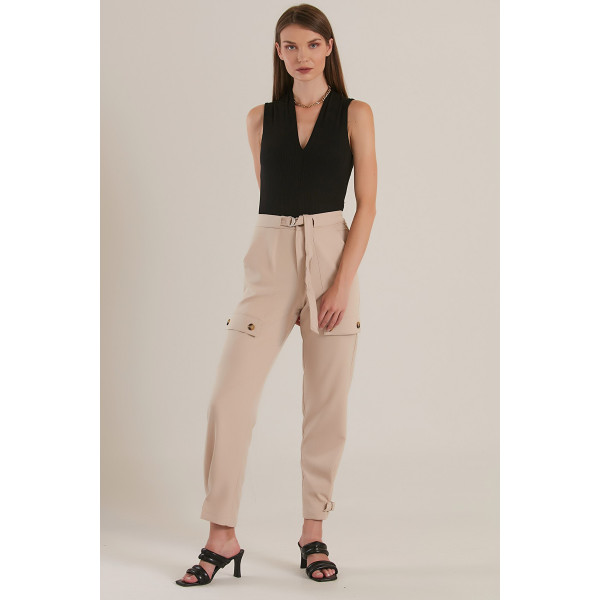 Pantalon taille haute à boucle beige