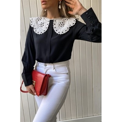 Blouse bicolore col claudine en broderie anglaise