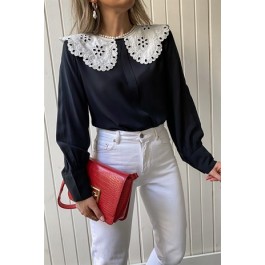 Blouse bicolore col claudine en broderie anglaise