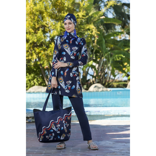 Maillot de bain hijab bleu imprimé plumes