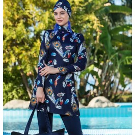 Maillot de bain hijab bleu imprimé plumes