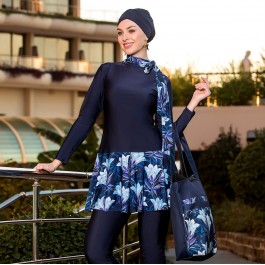 Maillot de bain hijab bleuà volant et noeud lavalière