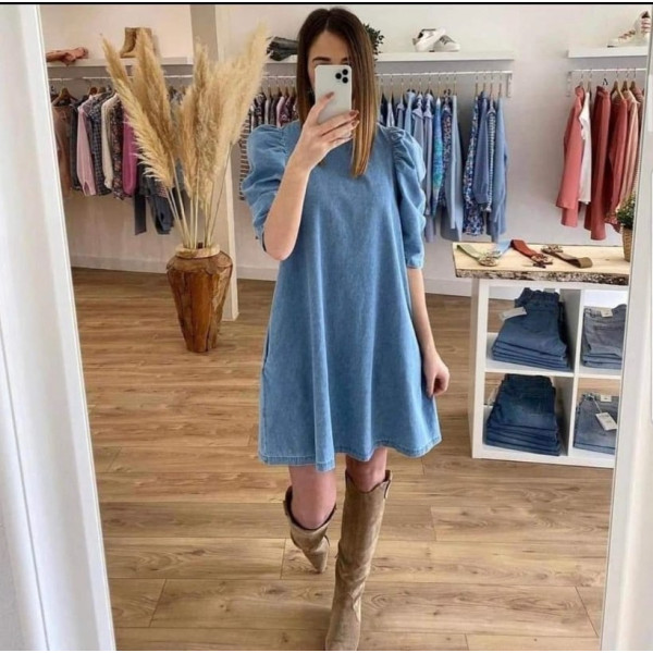 Robe trapèze froncée en denim