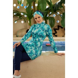 Maillot de bain hijab imprimé feuillage turquoise