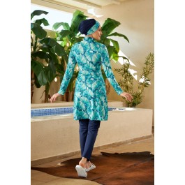 Maillot de bain hijab imprimé feuillage turquoise