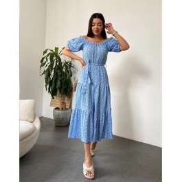 Robe longue à volants en broderie anglaise bleu