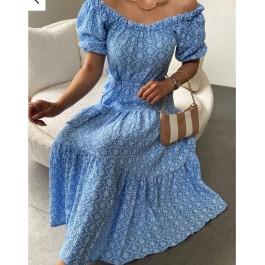 Robe longue à volants en broderie anglaise bleu