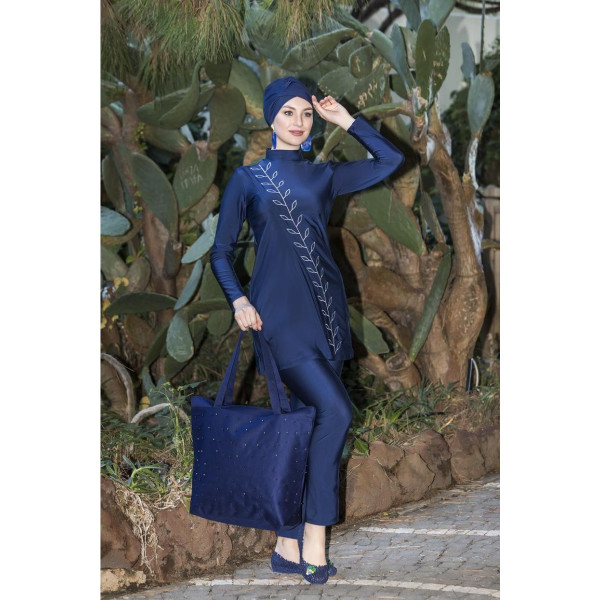 Maillot de bain hijab bleu nuit à broderie