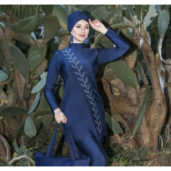 Maillot de bain hijab bleu nuit à broderie