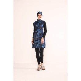 Maillot de bain hijab noir imprimé feuillage bleu