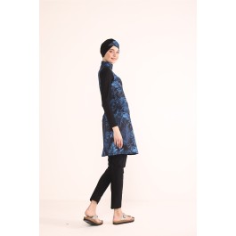Maillot de bain hijab noir imprimé feuillage bleu Maillot de bain hijab noir imprimé feuillage bleu