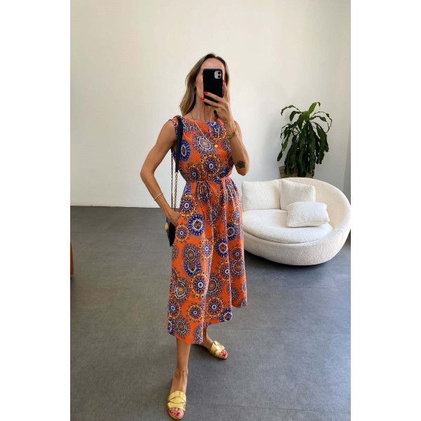 Robe midi imprimée mandala ton orangé