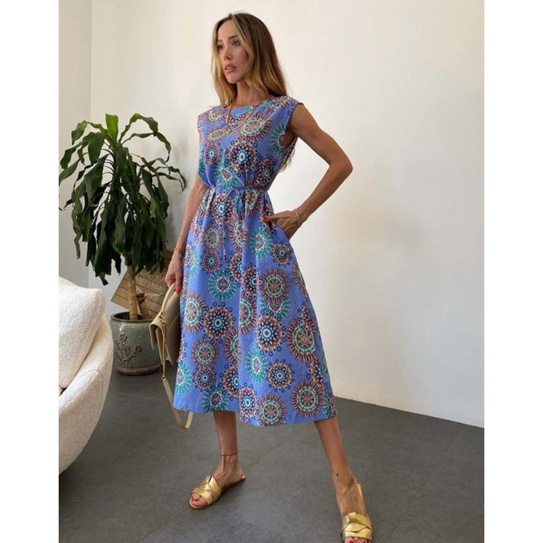 Robe midi imprimée mandala ton bleu