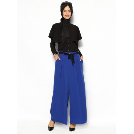 Pantalon bleu fluide à pinces avec lien à nouer