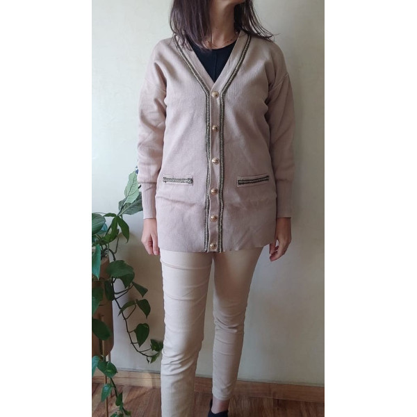 cardigan boutonné beige à liseré