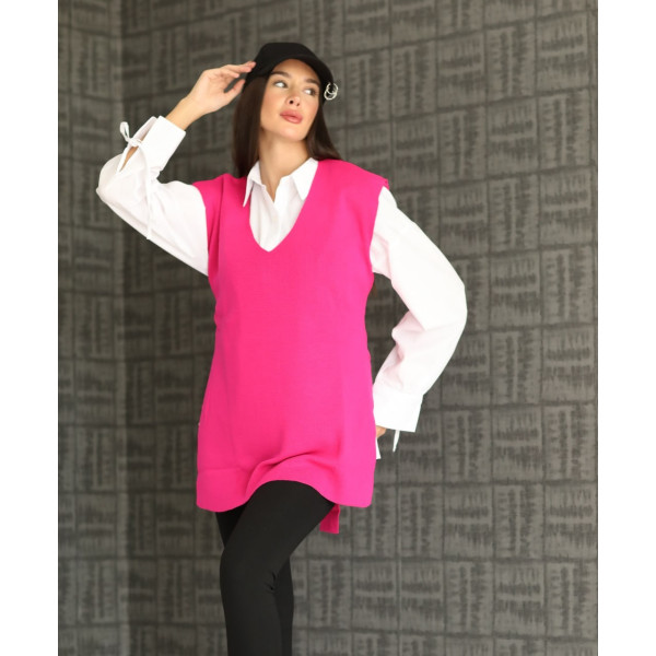 Gilet fuchsia  en maille sans manches avec lien