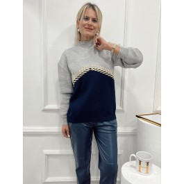 Pull gris bleu broderie doree