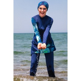 Maillot de bain hijab bleu imprimé feuilles