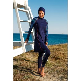 Maillot de bain hijab bleu empiècement imprimé Maillot de bain hijab bleu empiècement imprimé