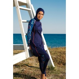 Maillot de bain hijab bleu empiècement imprimé Maillot de bain hijab bleu empiècement imprimé