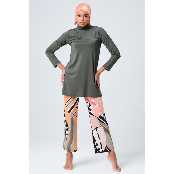 Maillot de bain hijab kaki pantalon imprimé