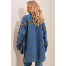 Surchemise en denim bleu foncé broderie ethnique