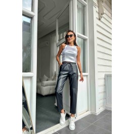 Pantalon droit en simili cuir gris