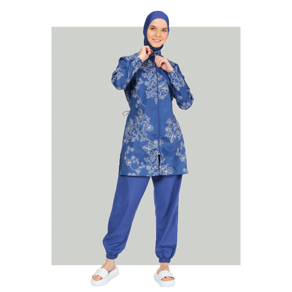 Maillot de bain hijab bleu imprimé à fleurs