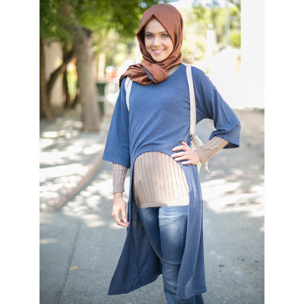 Pull tunique asymétrique manches 3/4 - bleu