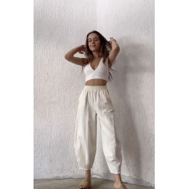 Pantalon fuselé en toile de coton blanc