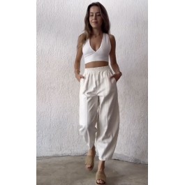 Pantalon fuselé en toile de coton blanc