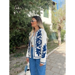 Veste bicolore broderie bleue