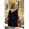 Gilet sans manches noir broderie beige