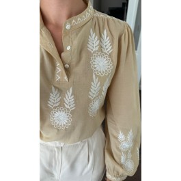 Blouse bohème broderie florale beige