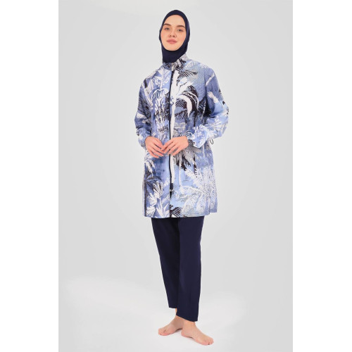 Maillot de bain hijab bleu imprimé palmiers Maillot de bain hijab bleu imprimé palmiers