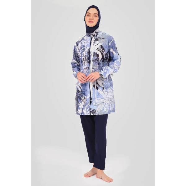 Maillot de bain hijab bleu imprimé palmiers