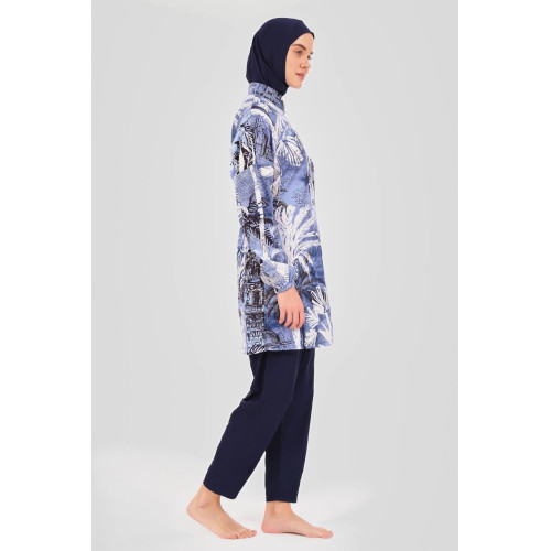 Maillot de bain hijab bleu imprimé palmiers Maillot de bain hijab bleu imprimé palmiers