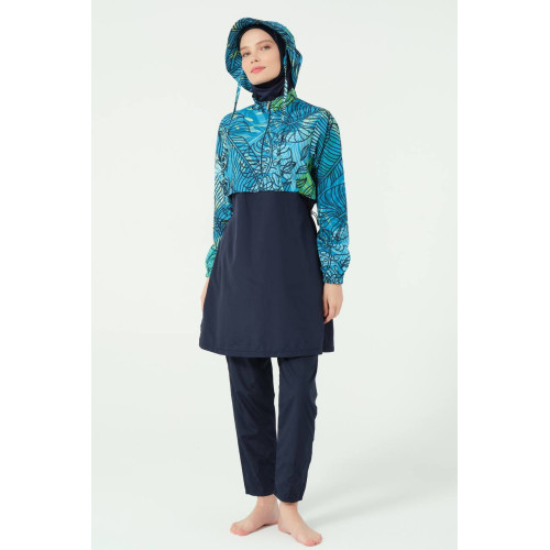 Maillot de bain hijab bleu imprimé feuillage Maillot de bain hijab bleu imprimé feuillage