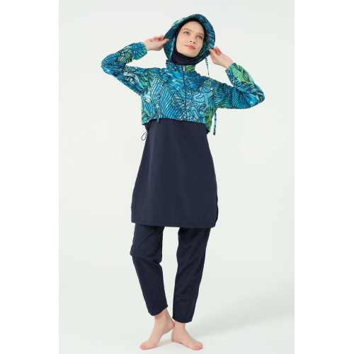 Maillot de bain hijab bleu imprimé feuillage Maillot de bain hijab bleu imprimé feuillage