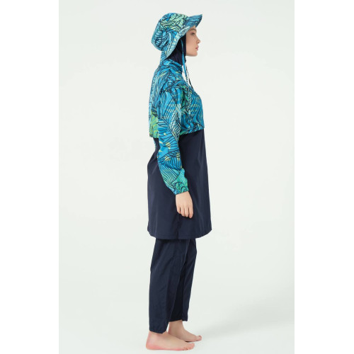 Maillot de bain hijab bleu imprimé feuillage Maillot de bain hijab bleu imprimé feuillage