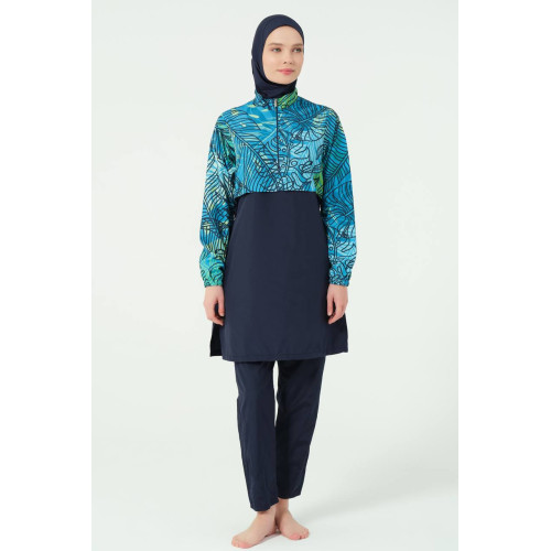 Maillot de bain hijab bleu imprimé feuillage Maillot de bain hijab bleu imprimé feuillage