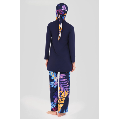 Maillot de bain hijab bleu nuit pantalon imprimé floral Maillot de bain hijab bleu nuit pantalon imprimé floral