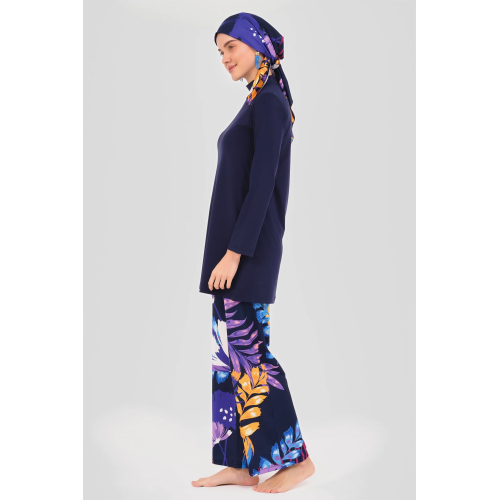 Maillot de bain hijab bleu nuit pantalon imprimé floral Maillot de bain hijab bleu nuit pantalon imprimé floral