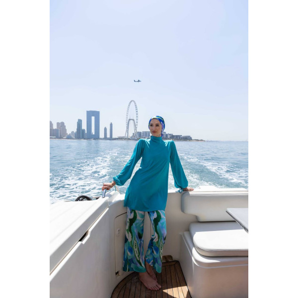 Maillot de bain hijab bleu turquoise pantalon imprimé abstrait