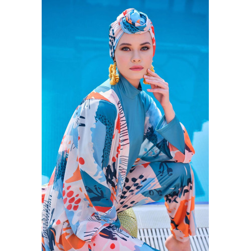 Maillot de bain hijab bleu pantalon imprimé abstrait Maillot de bain hijab bleu pantalon imprimé abstrait