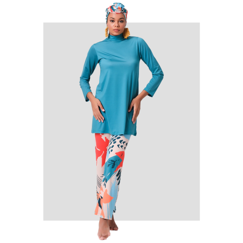 Maillot de bain hijab bleu pantalon imprimé abstrait Maillot de bain hijab bleu pantalon imprimé abstrait