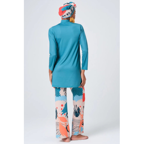 Maillot de bain hijab bleu pantalon imprimé abstrait Maillot de bain hijab bleu pantalon imprimé abstrait