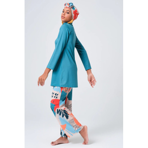 Maillot de bain hijab bleu pantalon imprimé abstrait Maillot de bain hijab bleu pantalon imprimé abstrait