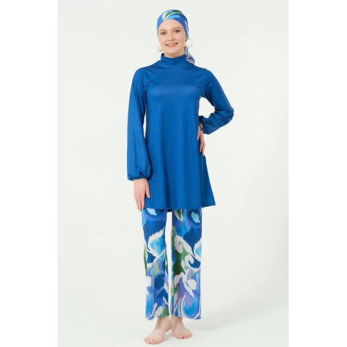 Maillot de bain hijab bleu pantalon imprimé abstrait Maillot de bain hijab bleu pantalon imprimé abstrait
